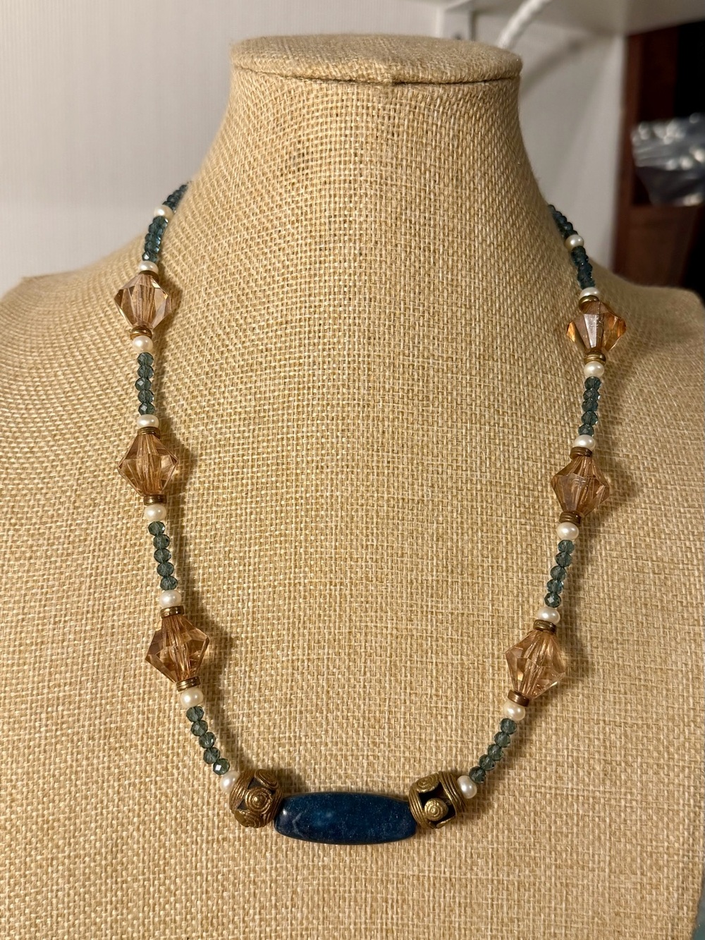 Artisan Made Lapis, Fresh Water Pearl, and Crystal Necklace.